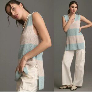 Sleeveless Striped Knit Tunic Sweater in Pale Blue and Beige